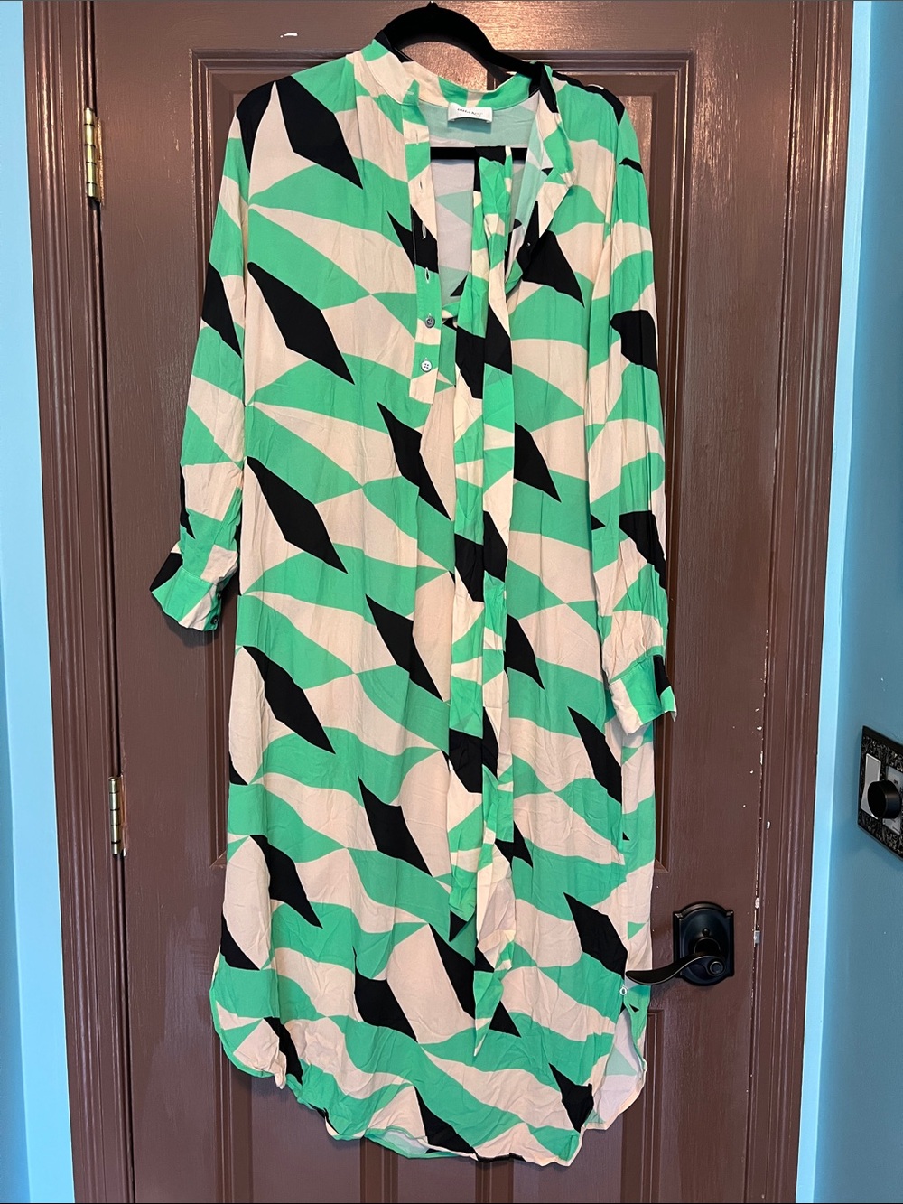Mint Green Geometric Long Sleeve Shirt Dress
